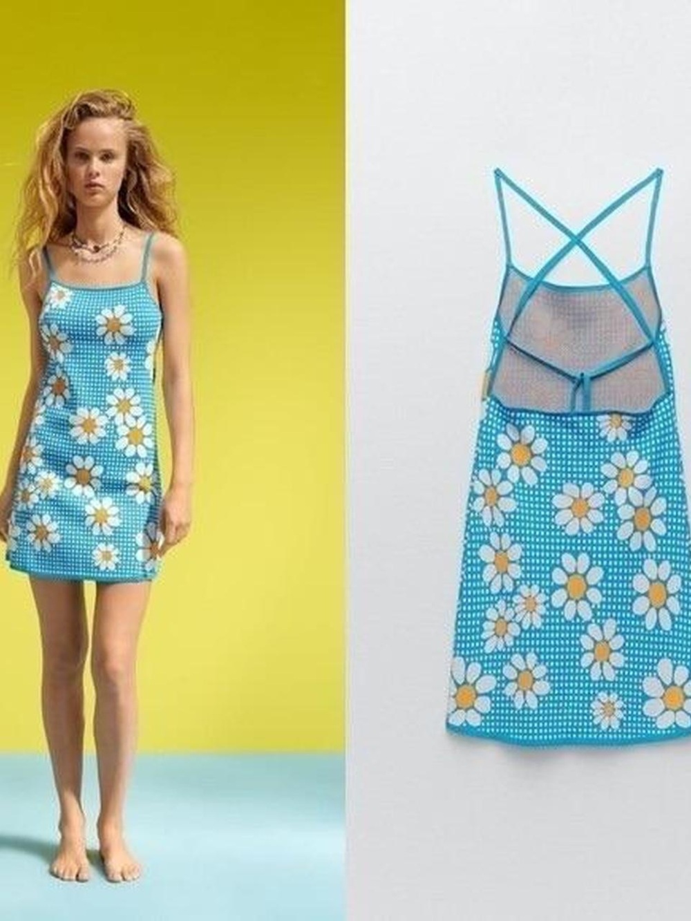 Zara Blue Gingham Daisy Knit Mini Dress Size Large - Picture 4 of 12